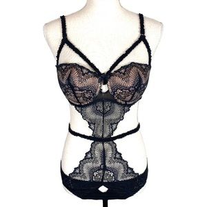 NWT Adore Me Kenzley Black Lace Harness Teddy Babydoll Bodysuit Size L Lingerie